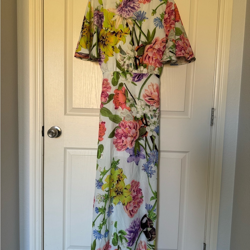 ASOS Pink and Yellow Maxi Dress Flutter Sleeves Wedding Guest